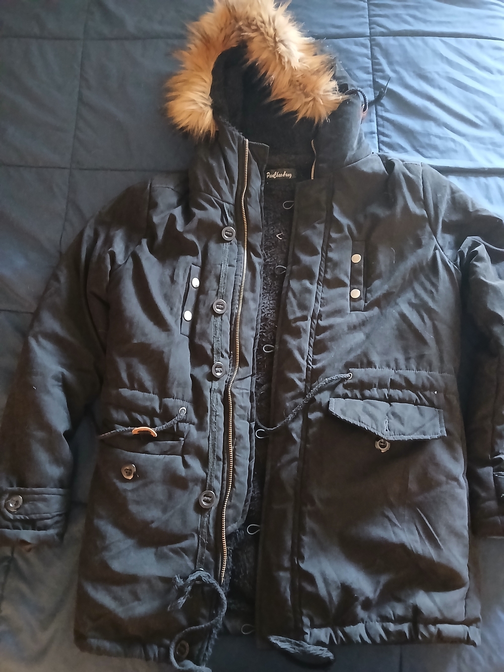 Black Parka Jacket with Faux Fur Hood